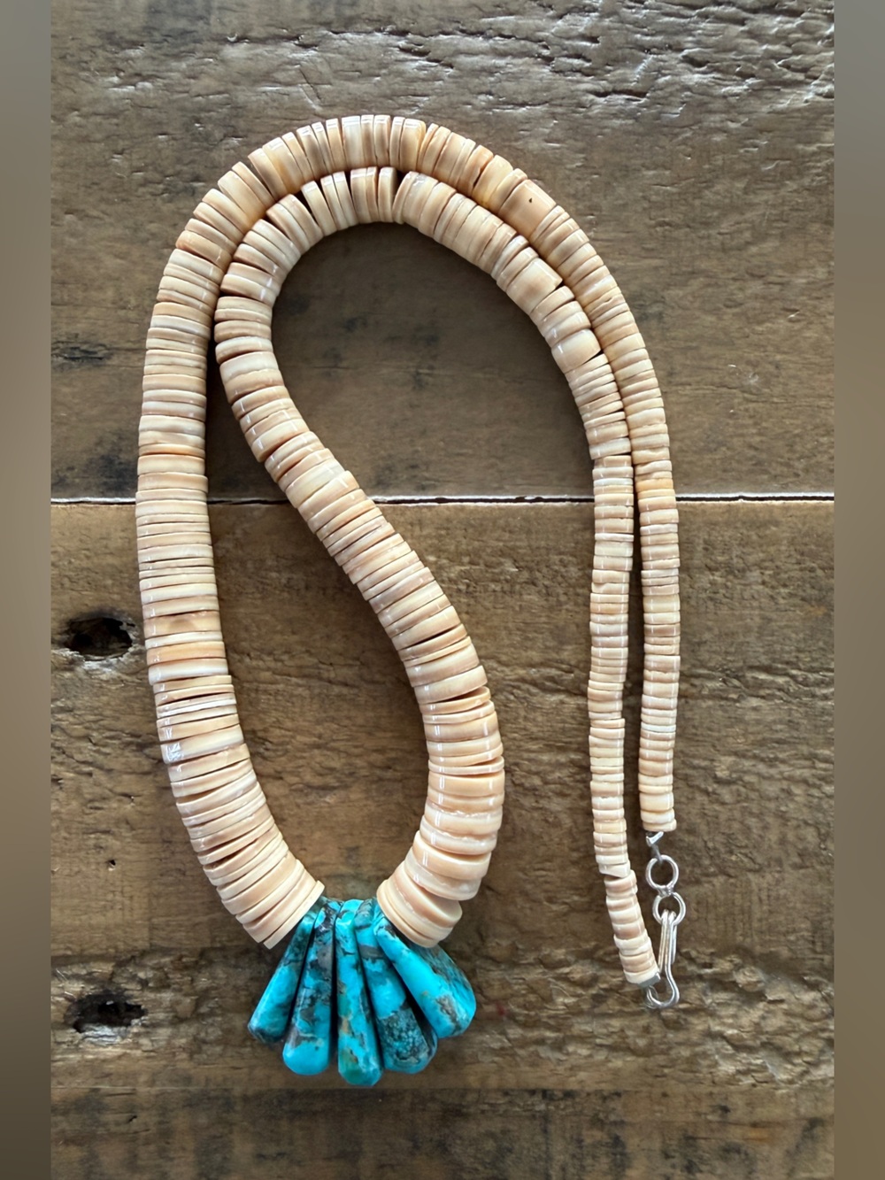 Native American Shell Heishi Turquoise Tab Necklace Handmade by Lupe Lovato SDP
